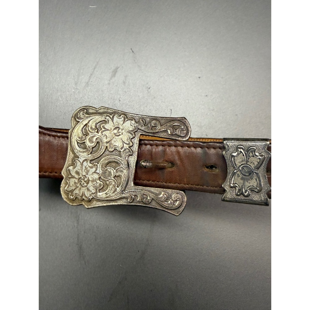 Nocona Belt Brown Leather Western Concho Belt Silver Floral Buckle made in Texas